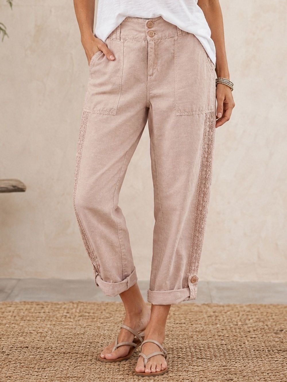 Sundance Organia Pant Sz 8 Taupe Blush Linen Cotton Lace Trim Crop Utility Pants